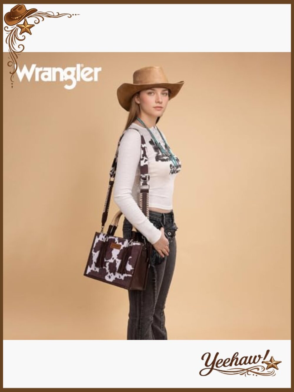 Cow Print Tote Bag with Fringe Crossbody Strap Western Satchel Purse for Women - Picture 2 of 7
